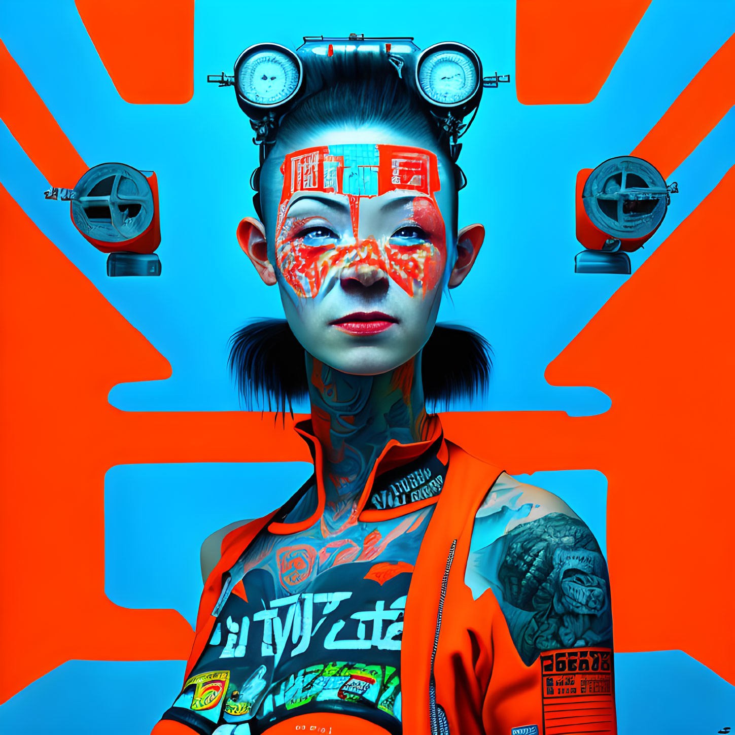 Futuristic woman with cyberpunk makeup and tattoos on vivid blue background