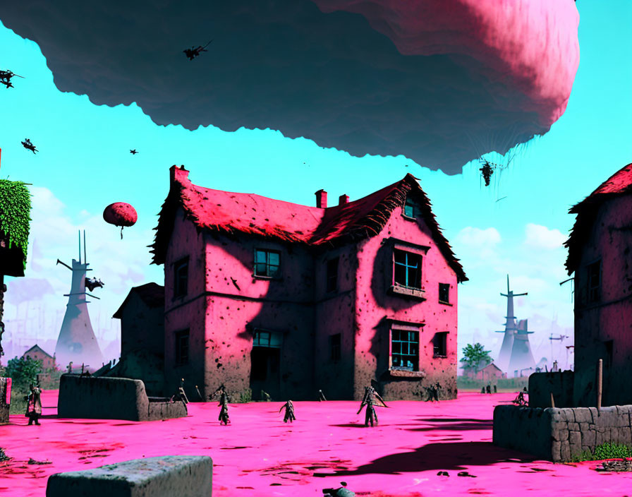 Pink-Hued Sky, Floating Islands, Old Red House, and Oversized Plants in Surreal Landscape