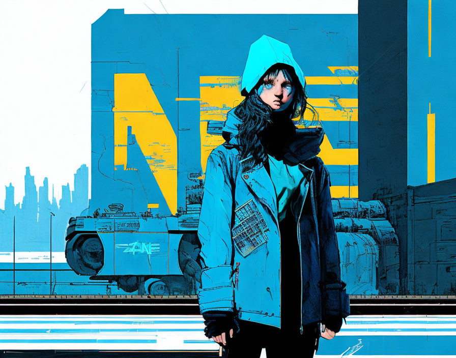 Stylized illustration of person in blue hoodie against futuristic cityscape