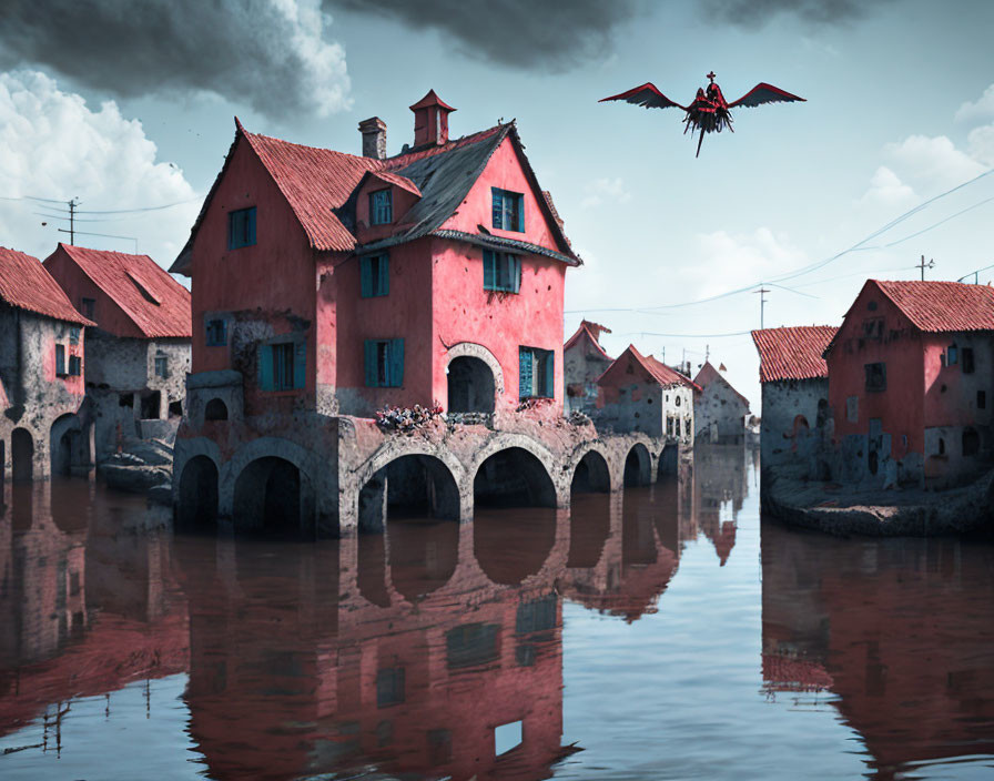 Red Medieval-Style Houses on Arched Foundations by Reflective Water with Flying Dragon