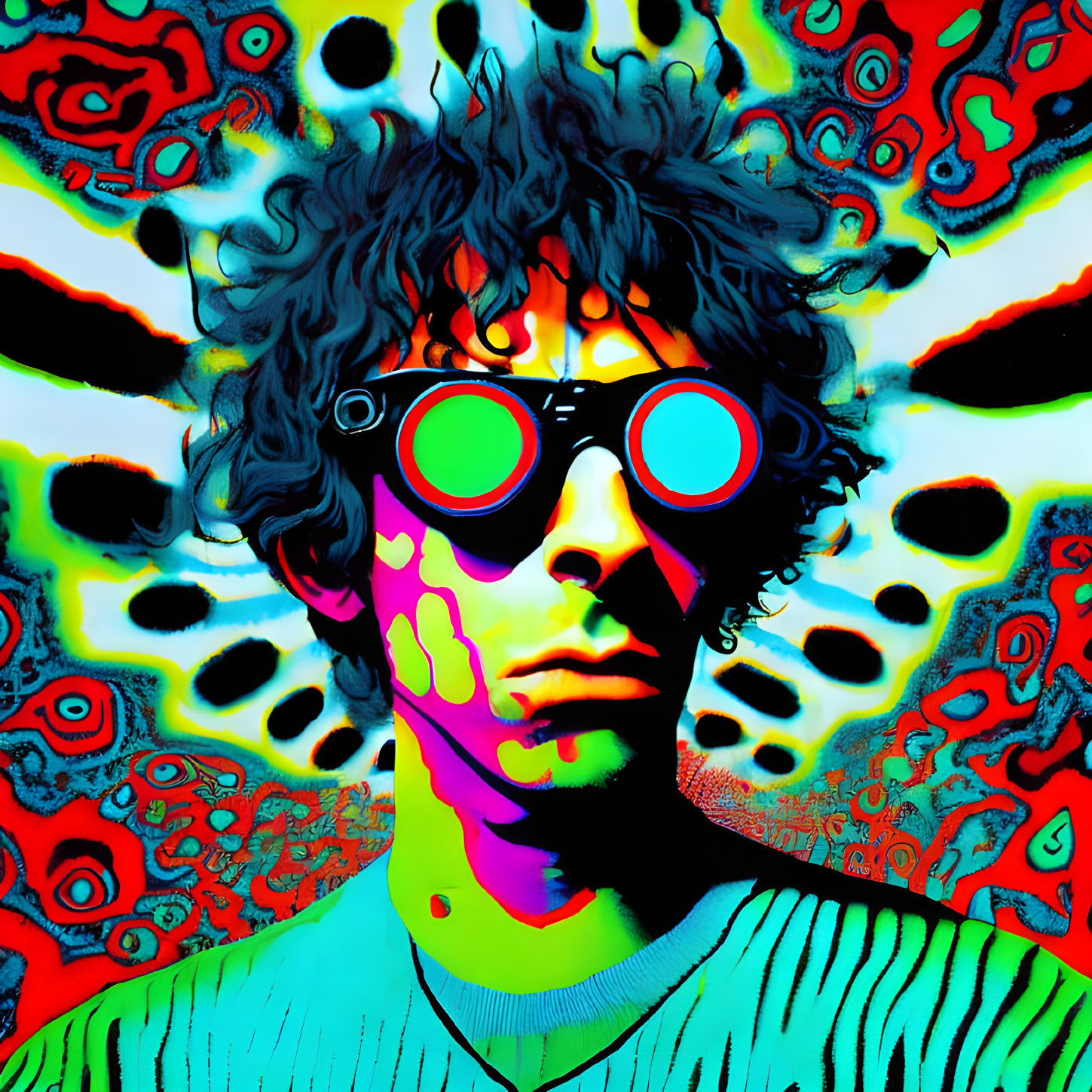 Curly-Haired Person in Red Sunglasses on Psychedelic Background