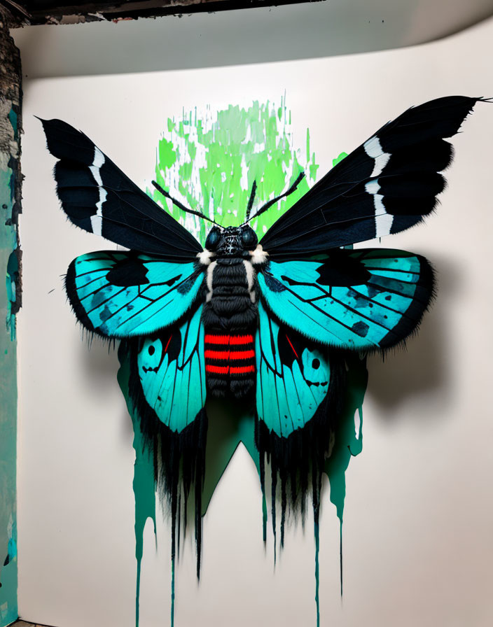 Colorful butterfly graffiti art on urban wall with blue, black, red wings