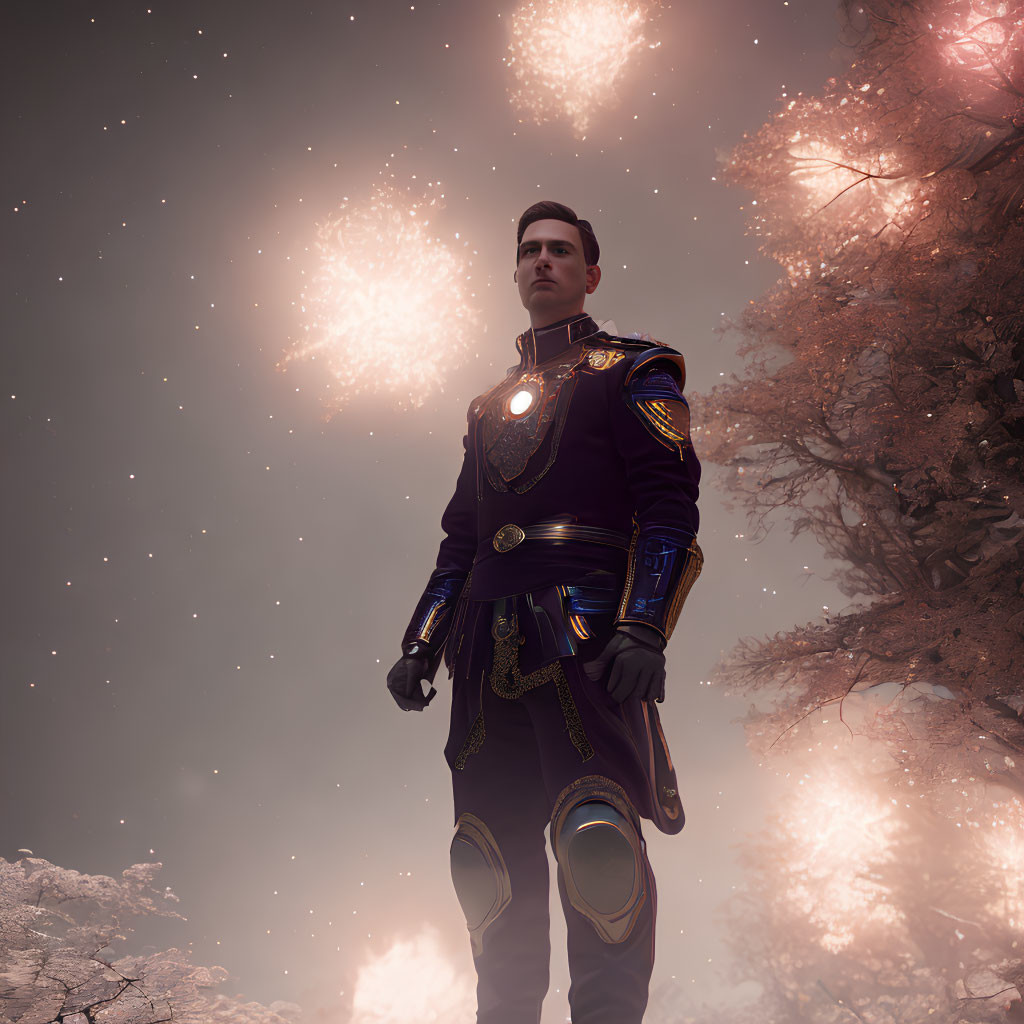 Futuristic man in uniform under glowing sky with pink blossoms