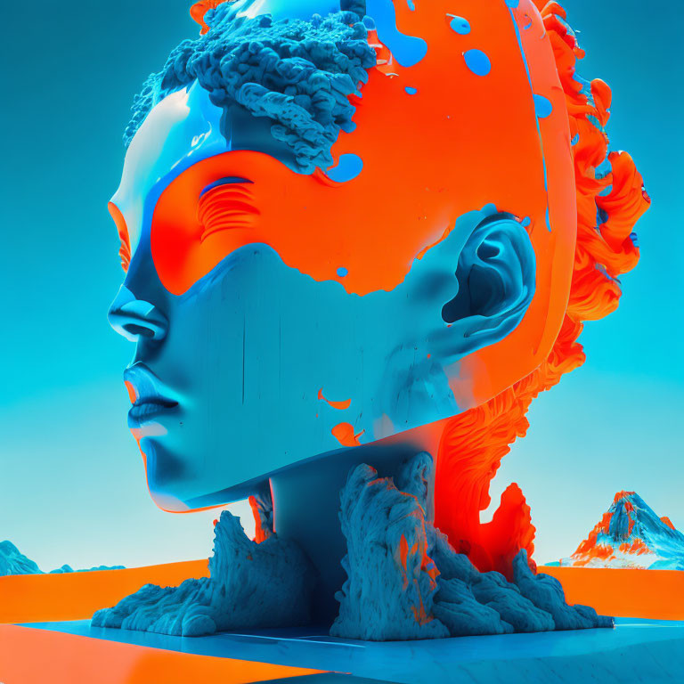 Surreal 3D Render: Split-Profile Human Head in Blue and Orange Textures