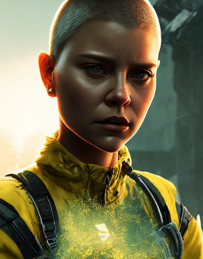 Woman with buzz cut in yellow jacket gazing at light source on dark background