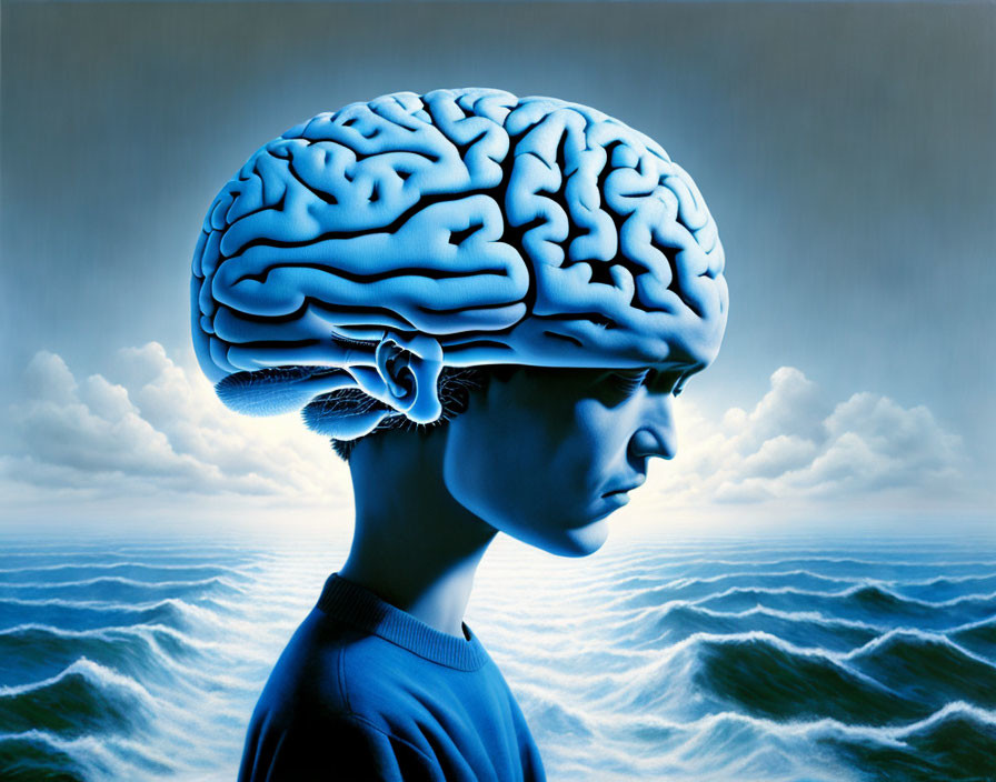 Boy's head merged with brain against ocean and sky backdrop