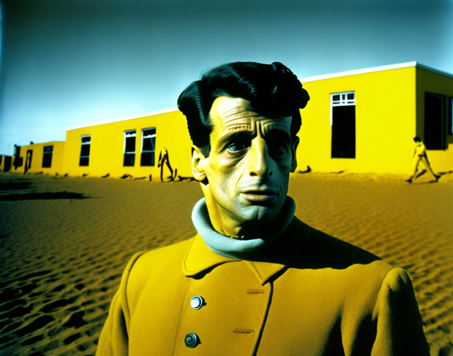 Man in Yellow Coat Stands Before Yellow Buildings Under Blue Sky