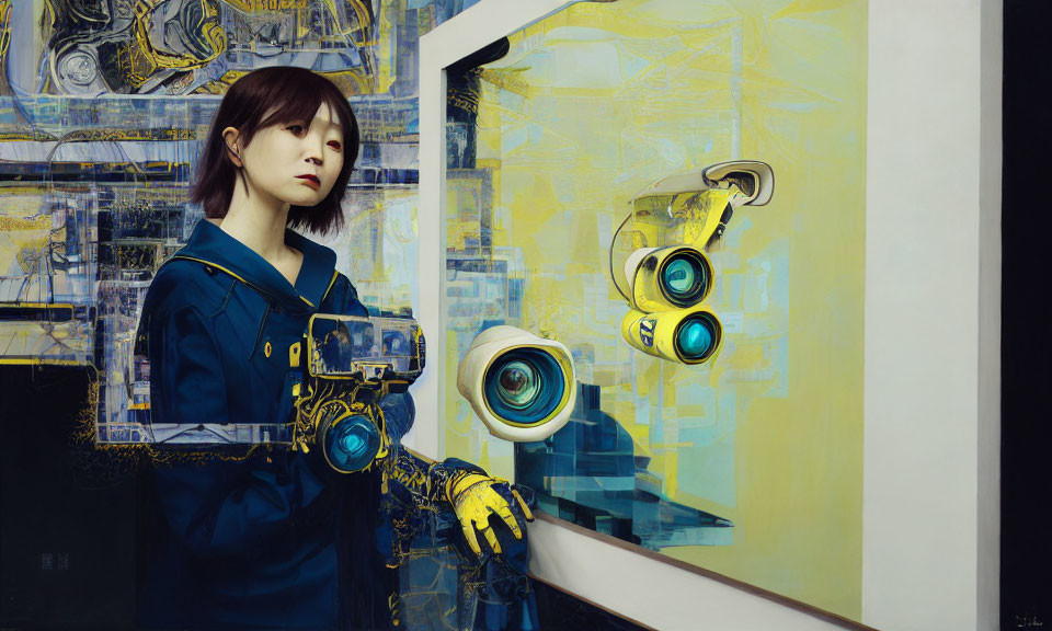 Person in blue uniform with gloves interacts with mechanical parts and robotic eyes through window on yellow background.