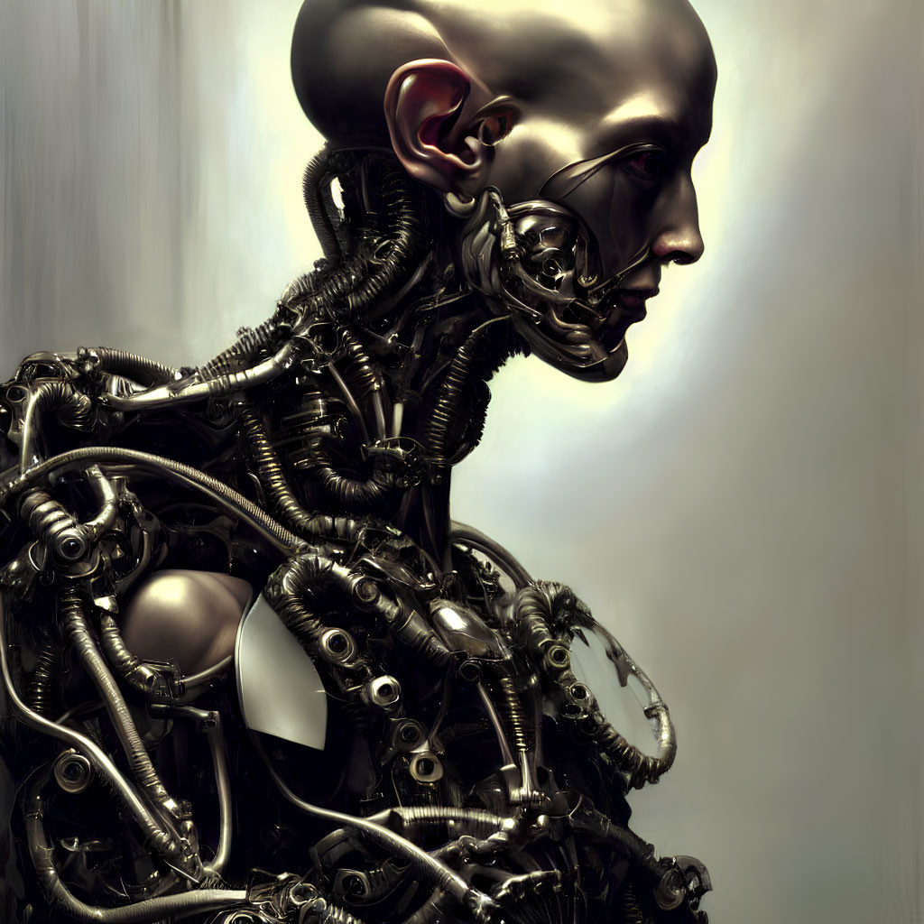 Detailed humanoid robot with intricate mechanical parts and cybernetic head.