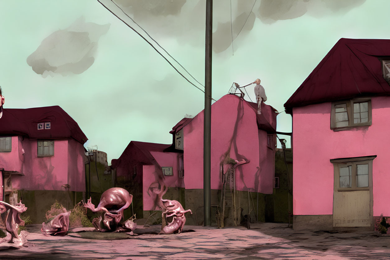 Pink houses, person on rooftop, green sky, and peculiar creatures in surreal scene