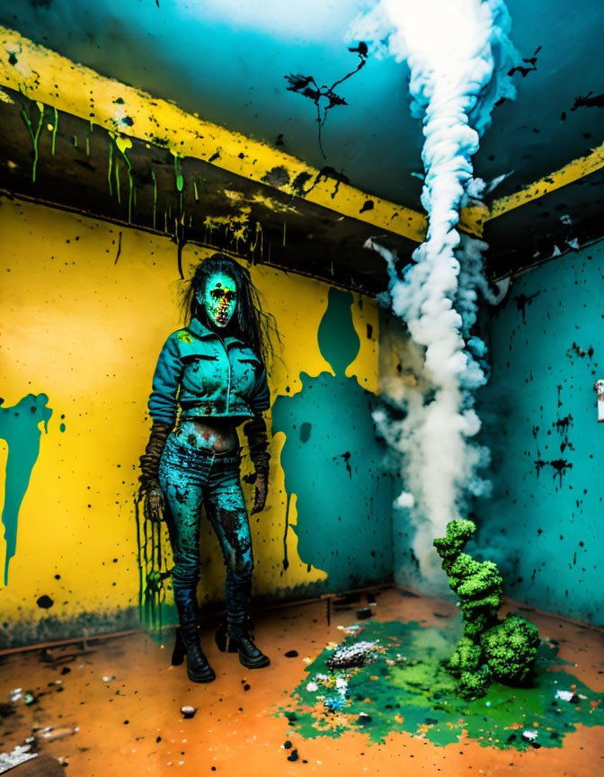 Paint-splattered person in colorful room with smoke trail.