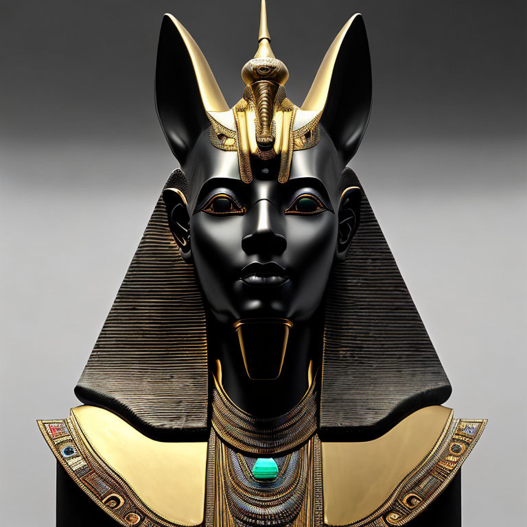 Ancient Egyptian statue: Black and gold god with jackal head, pharaoh's headdress,