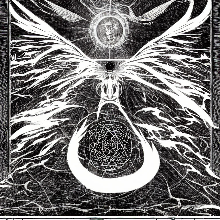 Monochrome illustration of ethereal being with wings and radiant energy, central light source, and geometric pattern