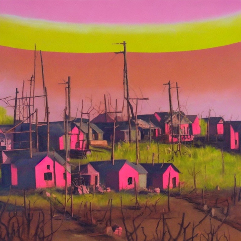 Colorful surreal painting: pink houses, barren trees, telephone poles, green & yellow sky