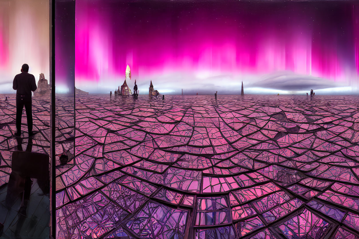 Person standing in front of cracked glass landscape with purple and pink auroras near castle-like structure