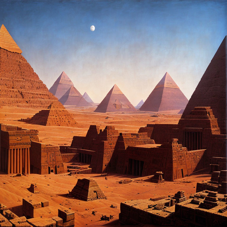 Ancient Egyptian landscape with Great Pyramids, Sphinx, and moon.