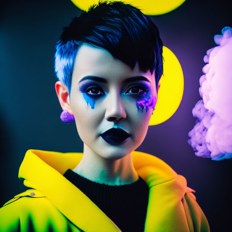 Creative makeup look with teardrop designs, short dark hair, purple earrings, yellow jacket, neon