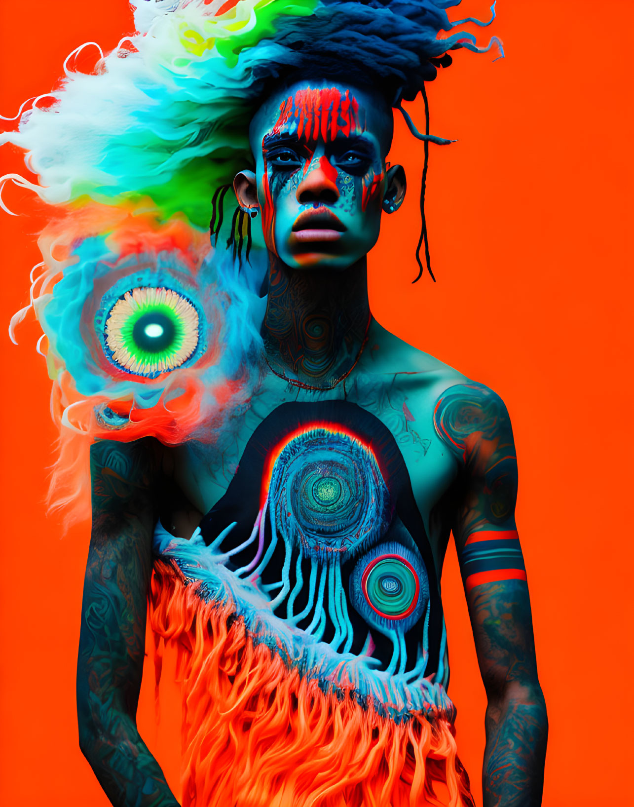 Vibrant body paint and tattoos on person against orange background with colorful smoke and eye patterns
