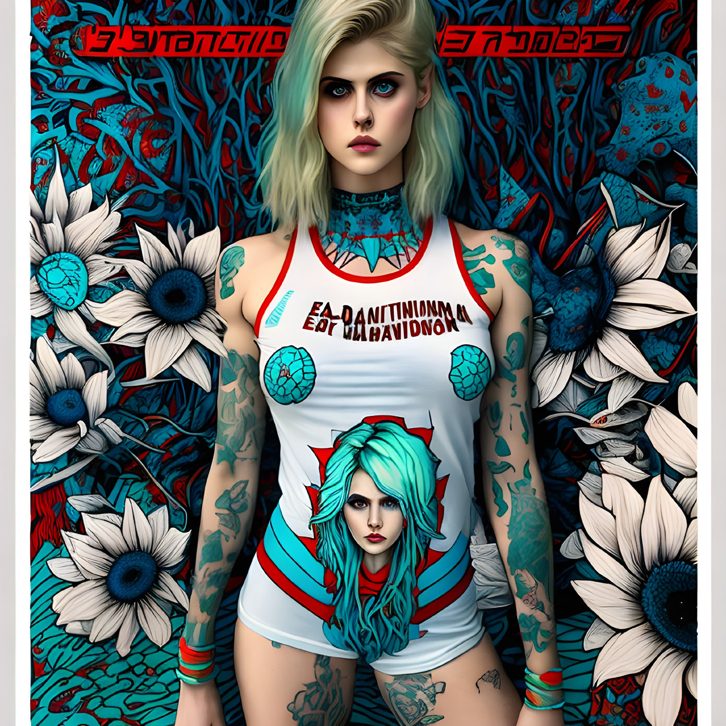 Illustration: Woman with Green Eyes, Blonde Hair, Tattoos, Graphic Tank Top, Floral Background