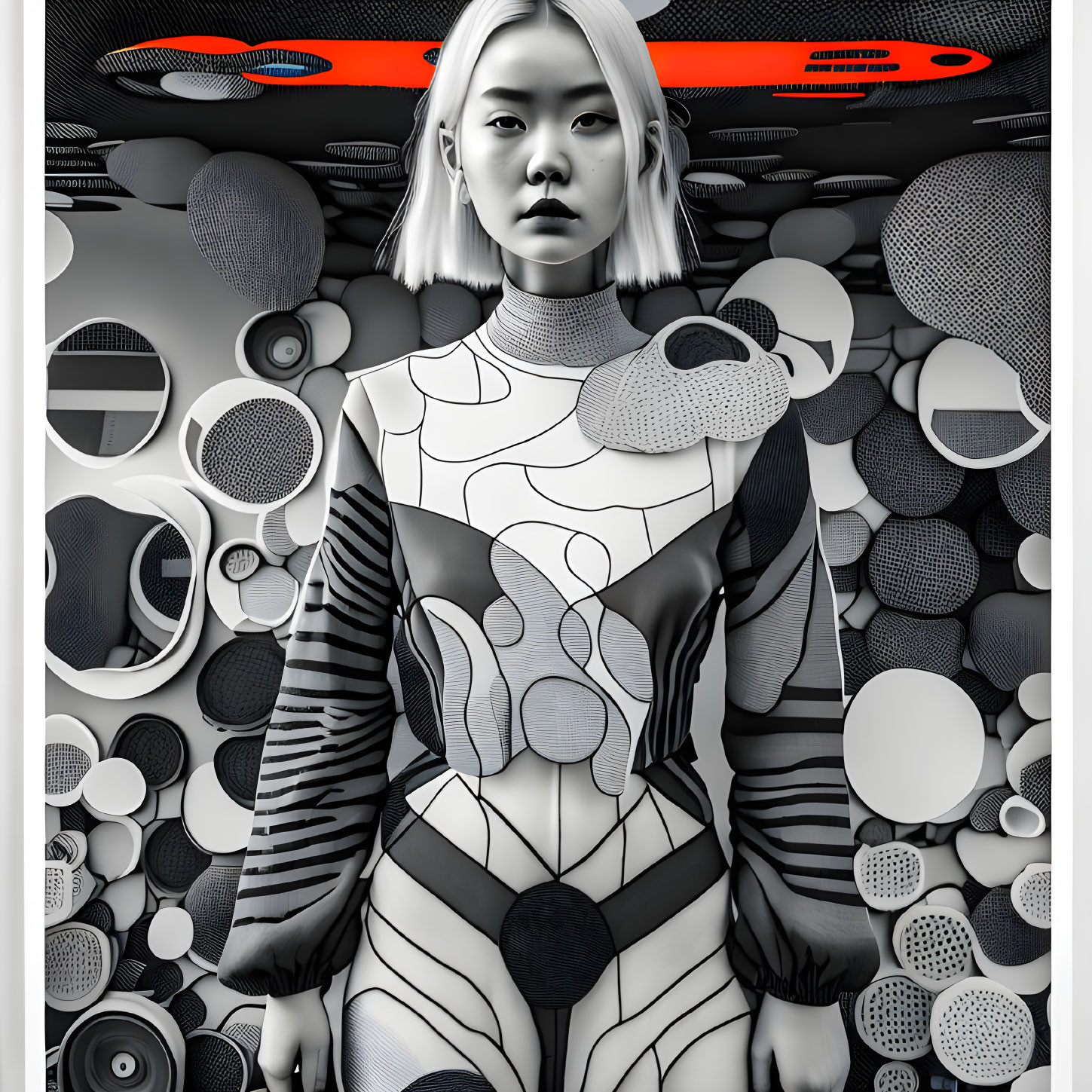 Monochrome digital art of a woman with short blonde hair in abstract outfit surrounded by circles and spheres