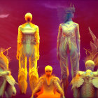 Colorful surreal illustration of four human figures with exposed muscles and skeletons on radiant background