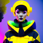 Futuristic portrait of a person with bob haircut and yellow headphones