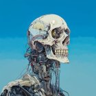 Detailed Human Skeleton Model with Skull Focus on Blue Background