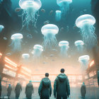 Futuristic underwater city scene with floating jellyfish and neon signs