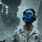 Person with Blue Face Paint Stands Amid Industrial Towers