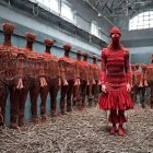 Woman in red textured outfit among figures in fibrous material in dim industrial space