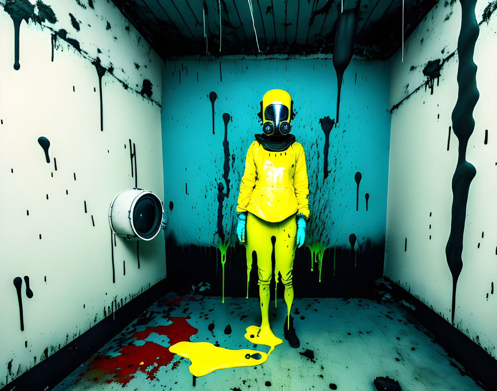 Person in yellow helmet in room with splattered black paint and yellow drips
