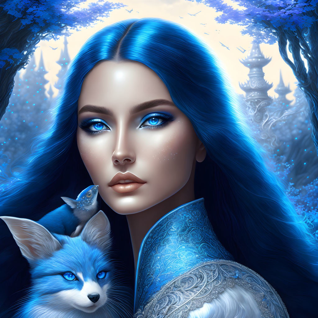 Vivid Blue Hair Woman with Fox and Bird in Enchanting Forest