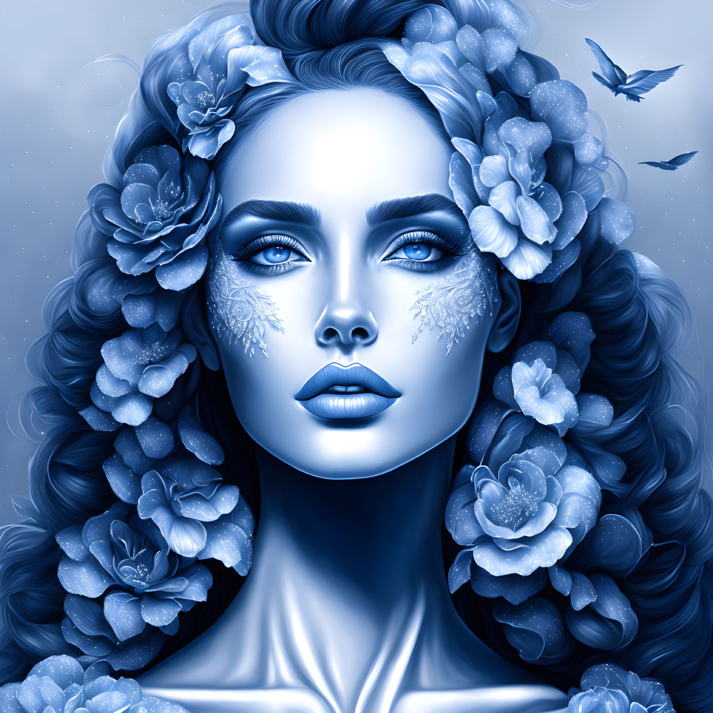 Monochromatic digital portrait of woman with floral hair, frost patterns, and birds.