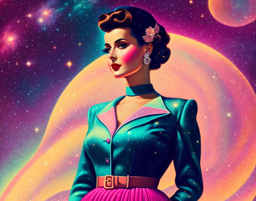 Vintage-inspired illustration of a stylish woman in elegant outfit amidst cosmic backdrop