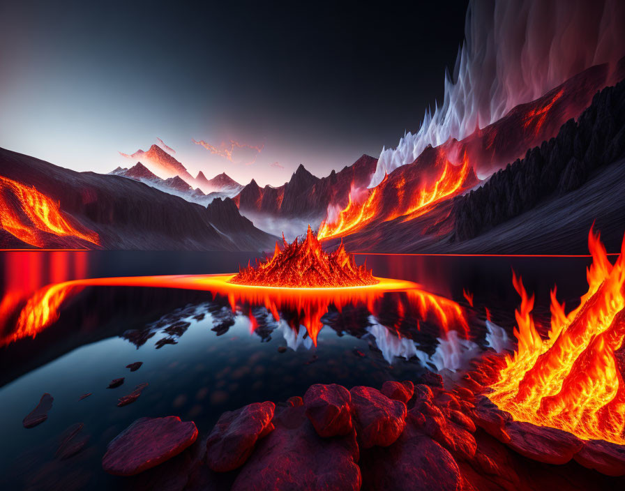 Surreal landscape: fiery lava flows, serene mountains, reflective lake, dramatic sky