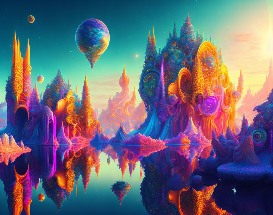 Colorful Alien Landscape with Whimsical Structures and Floating Orbs