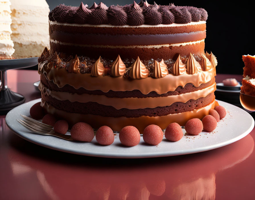 Layered Chocolate Cake with Creamy Frosting and Chocolate Balls on White Plate