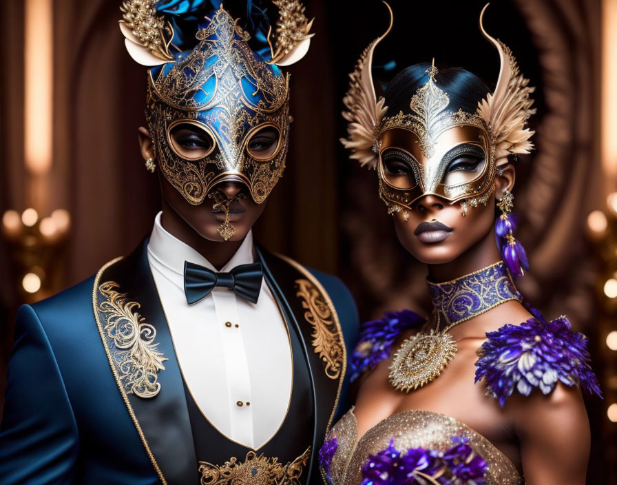 Masquerade attendees in gold and blue ornate masks and attire