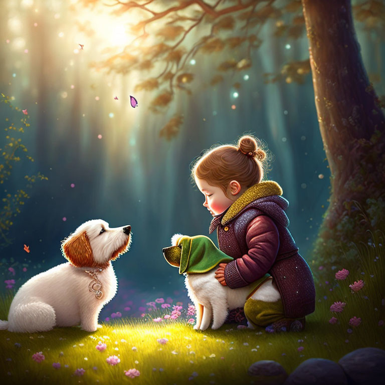 Young girl with puppy in sunlit enchanted forest surrounded by butterflies and flowers