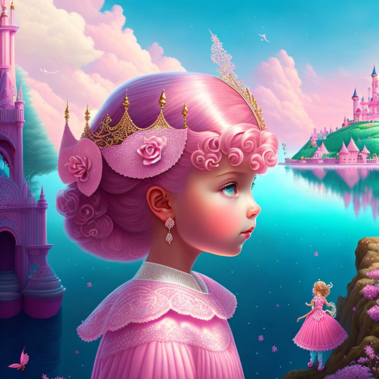 Fantasy digital illustration of girl with pink hair in ornate gold accessories, castle backdrop, and lake