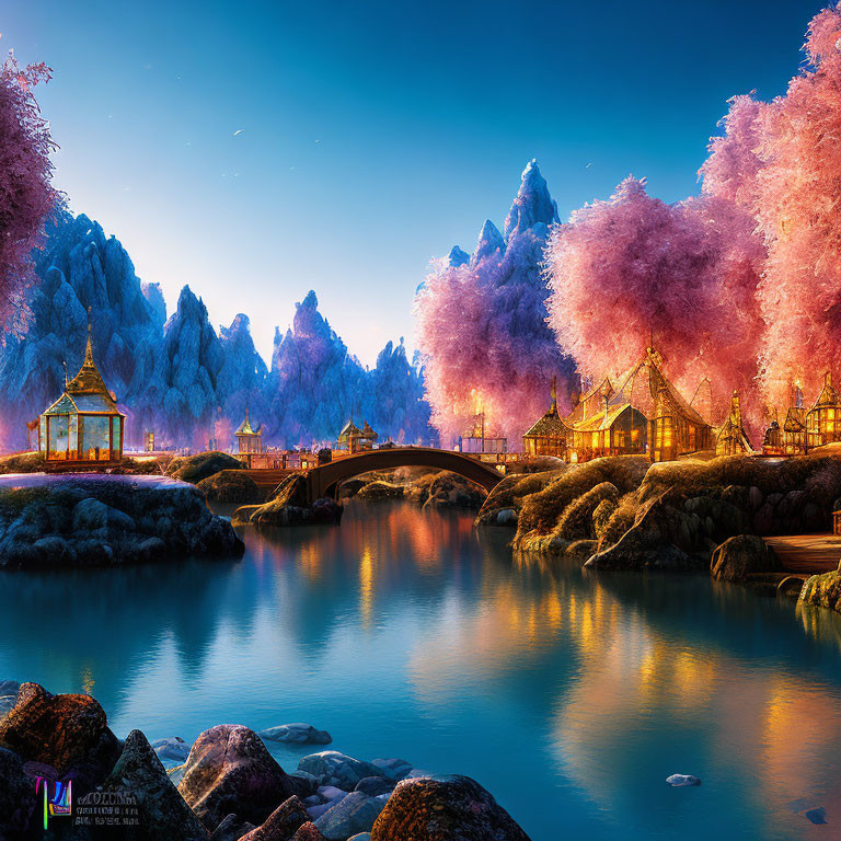 Pink Trees, Traditional Buildings, Lake, Mountains in Twilight Fantasy Landscape