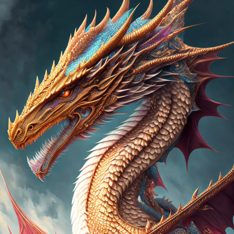 Detailed Golden Dragon with Red Eyes and Large Wings in Cloudy Sky