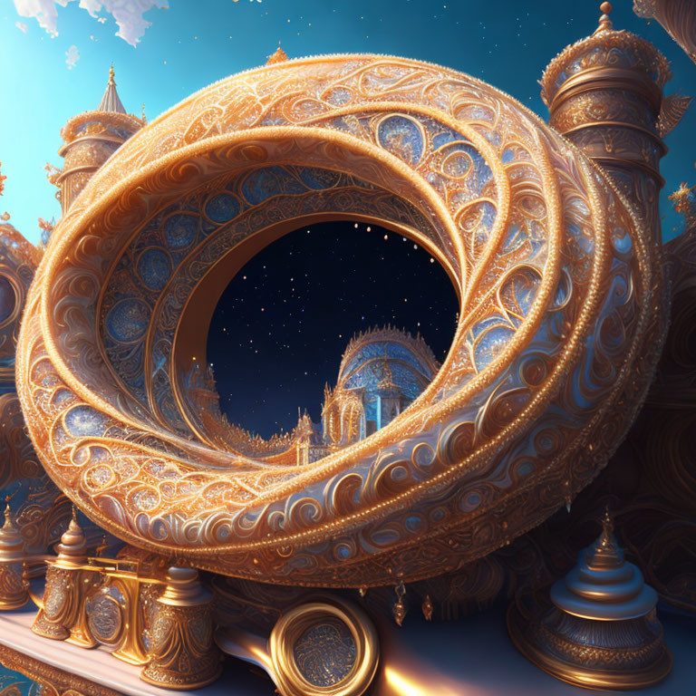 Intricate golden ring-like structure in starry sky with ornate towers