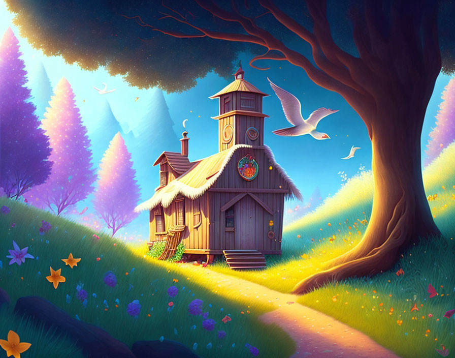 Digital illustration: Clock tower house in magical forest with bird and star flowers