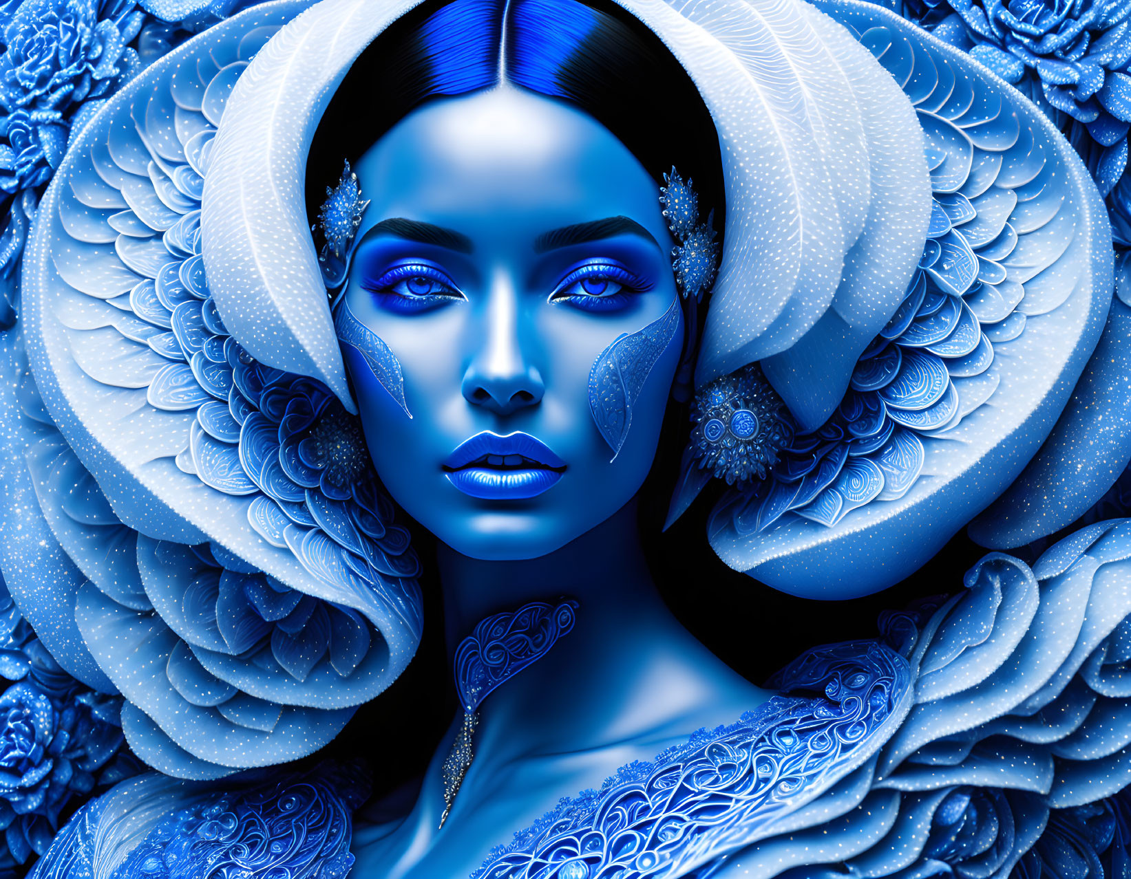 Fantasy Digital Artwork: Woman with Blue Skin & Floral Patterns