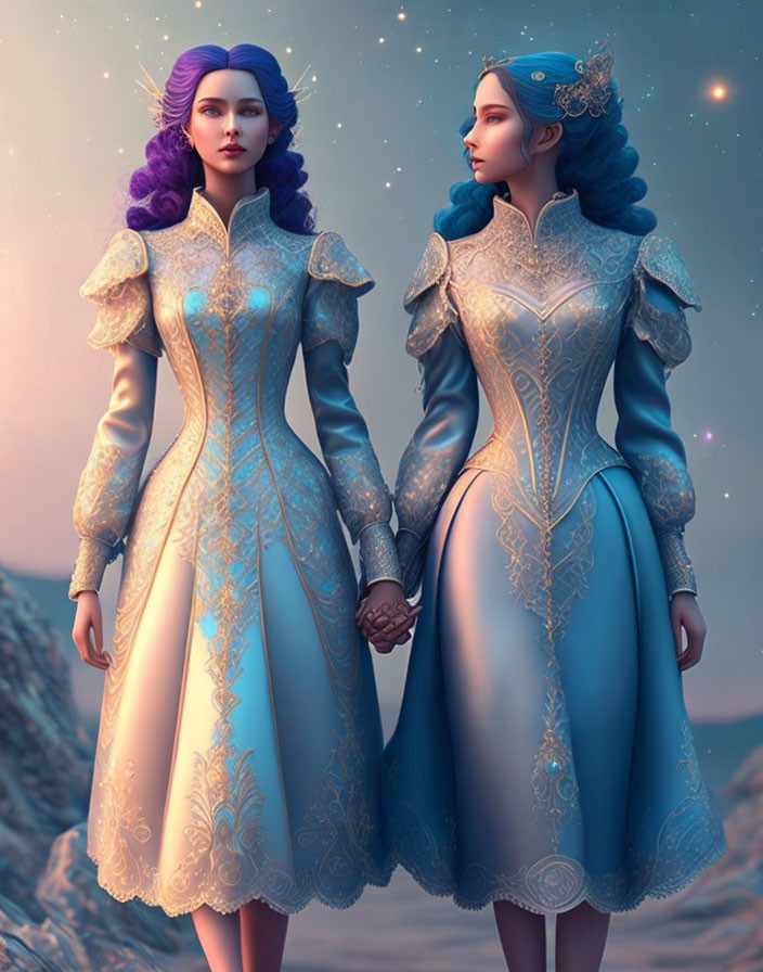 Two women in ornate blue dresses with golden embroidery holding hands under a dusk sky