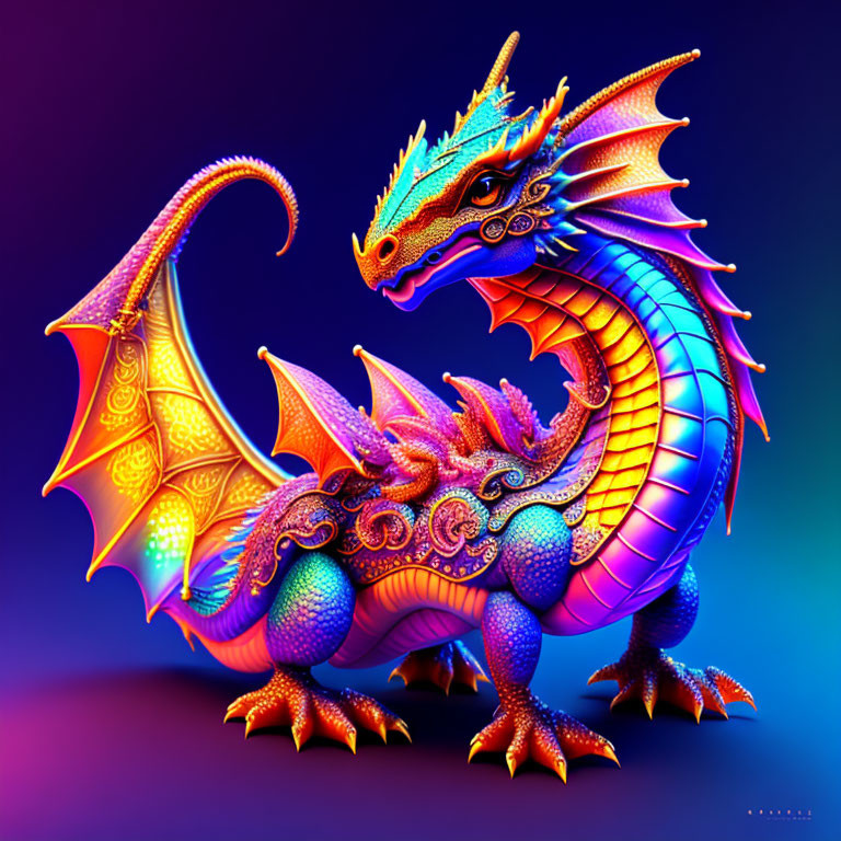 Colorful Dragon Illustration with Ornate Scales and Wings on Purple Background