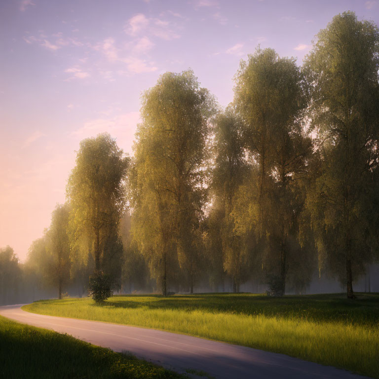 Curved road flanked by lush green trees in sunlight