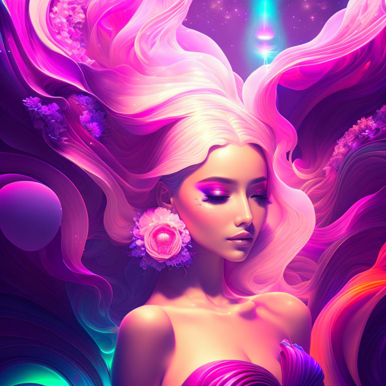 Colorful digital artwork: Woman with pink hair and flower ear, cosmic neon background