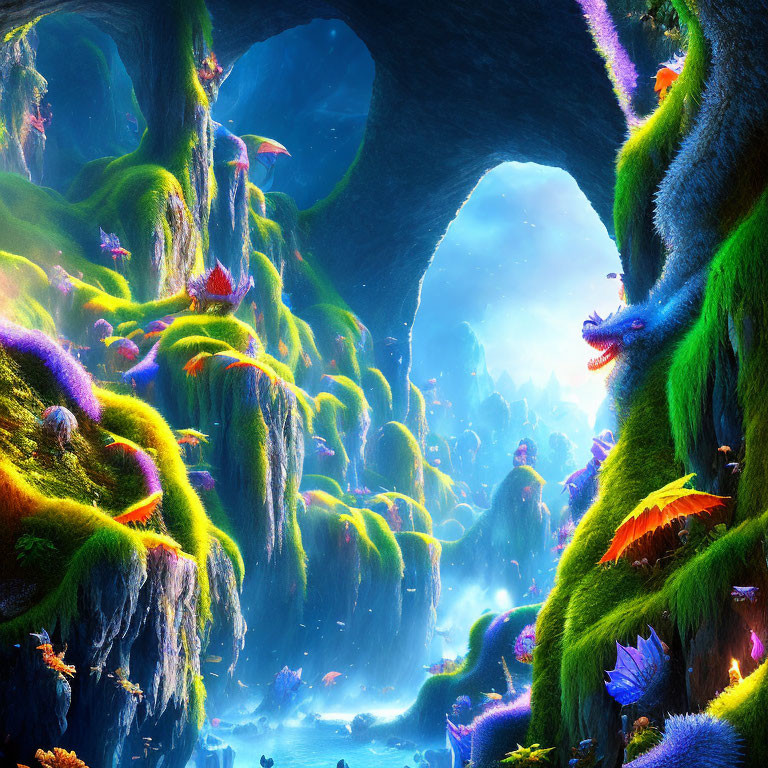 Fantasy landscape with lush greenery, glowing flora, shadowy caverns, and mystical blue light